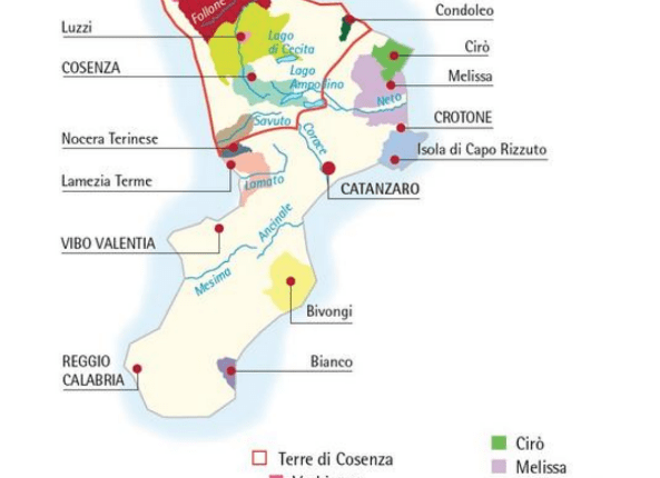 Cities that are part of the Wine Route in Calabria and their respective vineyards.